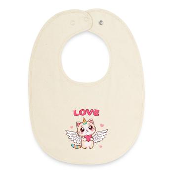Chat Licorne ailé et cœur enchanté - Bavoir bébé bio - écru doux - Devant