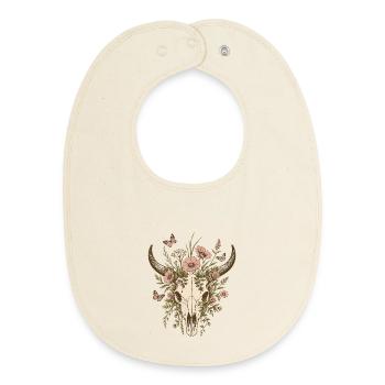 Floral Longhorn Skull - Baby Organic Bib - soft Ecru - Front