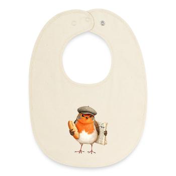 Robin Newsbird with Bread and Cap - Baby Organic Bib - soft Ecru - Front