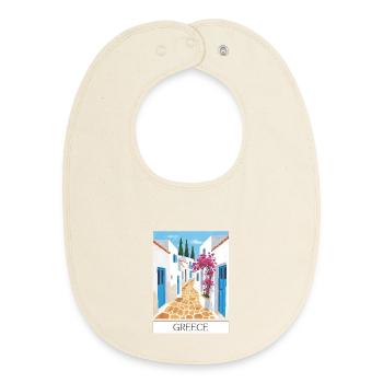 Greek Road Path Blue & White - Baby Organic Bib - soft Ecru - Front