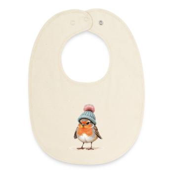 Robin en bonnet d’hiver en tricot - Bavoir bébé bio - écru doux - Devant
