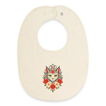 Flower cat in folk style - Baby Organic Bib - soft Ecru - Front