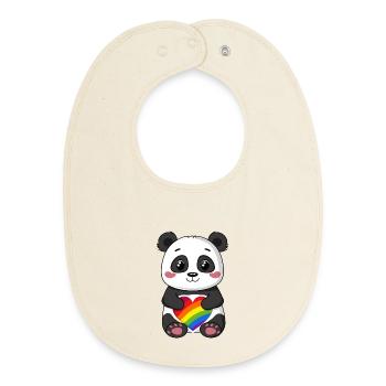 Panda Cartoon holding a Pride Rainbow Heart - Baby Organic Bib - soft Ecru - Front