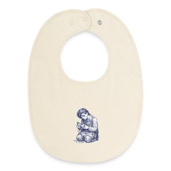 Artisan à genoux | Dessin peint à la main - Bavoir bébé bio - écru doux - Devant