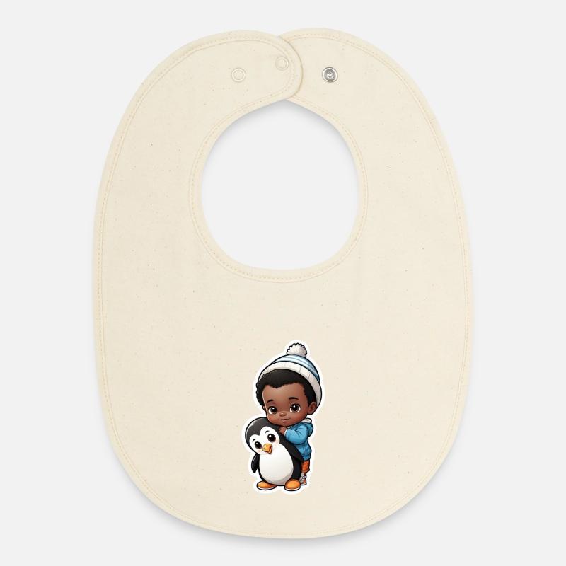 Enfant mignon avec illustration de pingouin - Bavoir bébé bio - écru doux