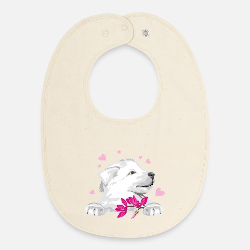 Chiot Berger suisse heureux avec des fleurs et des cœurs - Bavoir bébé bio - écru doux