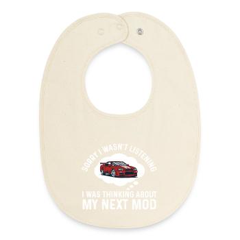 Thinking About My Next Mod Funny Racing Car Quote - Baby Organic Bib - soft Ecru - Front