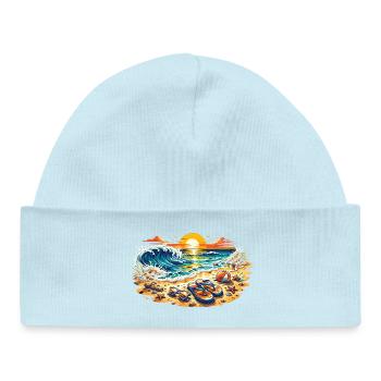 Illustration de coucher de soleil sur la plage - Bonnet bébé bio - bleu poudré - Devant
