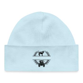 Couronne de laurier avec vache et tracteur – Texte propre - Bonnet bébé bio - bleu poudré - Devant