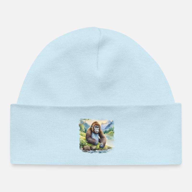 Mignon jeune gorille > peinture à l’aquarelle - Bonnet bébé bio - bleu poudré