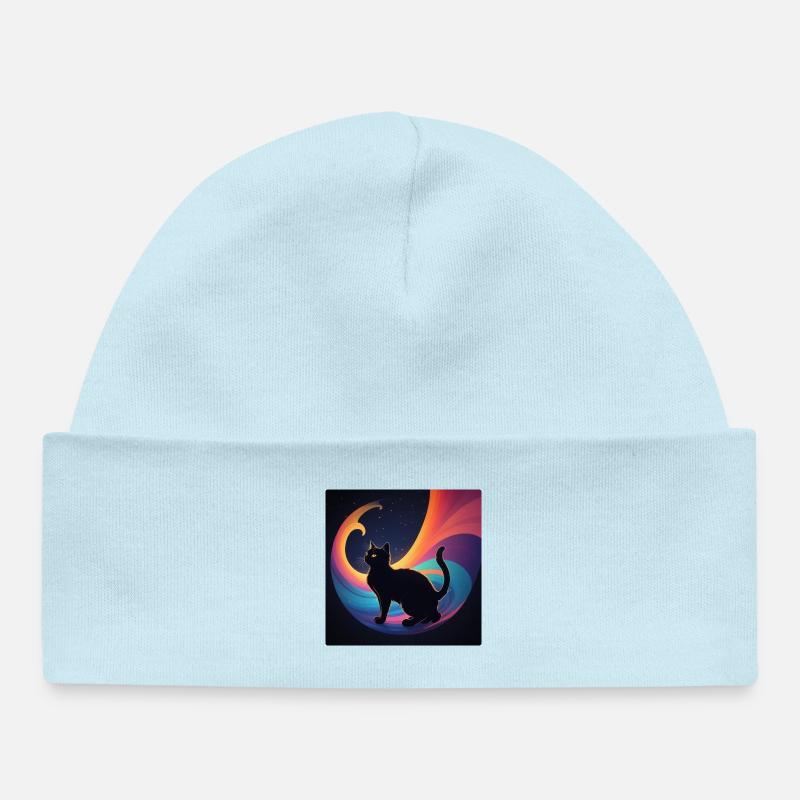 Chat noir devant les couleurs de l’arc-en-ciel - Bonnet bébé bio - bleu poudré