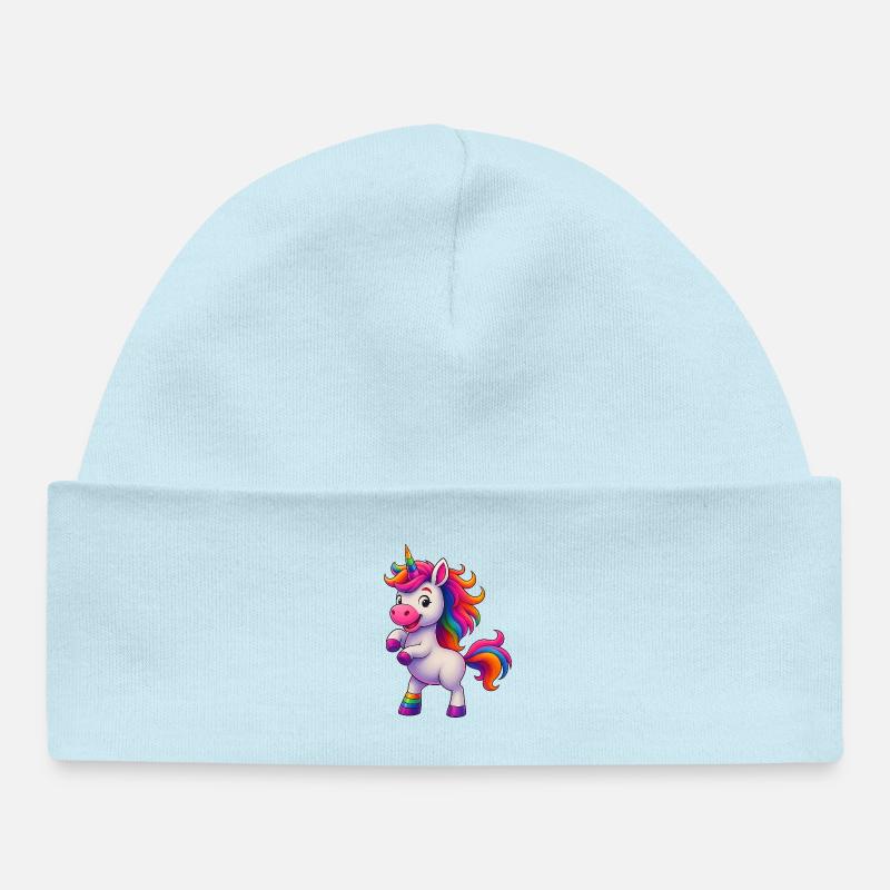 Licorne colorée avec crinière arc-en-ciel - Bonnet bébé bio - bleu poudré