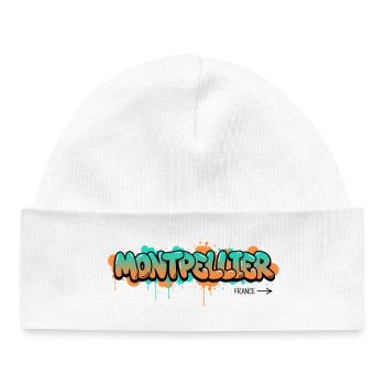 Conception du nom de la ville de Montpellier dans le style graffiti - Bonnet bébé bio - blanc - Devant