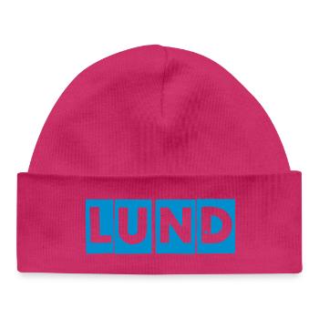 Lund – Blue Text Design - Baby Organic Beanie - white - Front