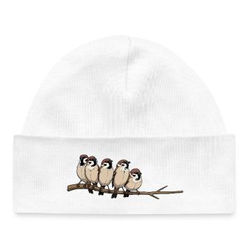 Cinq oiseaux sur une branche – Illustration mignonne - Bonnet bébé bio - blanc - Devant