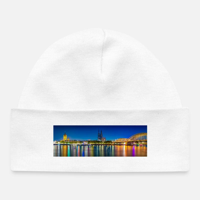 Vue nocturne de Cologne sur le Rhin - Bonnet bébé bio - blanc