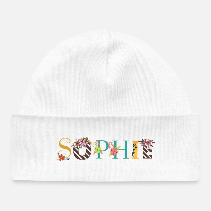 Art du nom SOPHIE avec fleurs brodées - Bonnet bébé bio - blanc