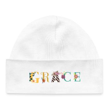 GRACE Name Art With Flowers Embroidered - Baby Organic Beanie - white - Front