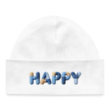 Lettres en tissu heureux Bleu beige raccommodé - Bonnet bébé bio - blanc - Devant