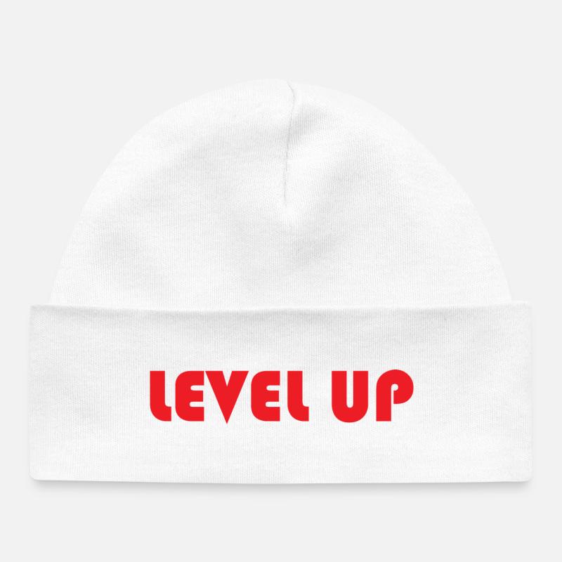LEVEL UP-Red Text - Baby Organic Beanie - white
