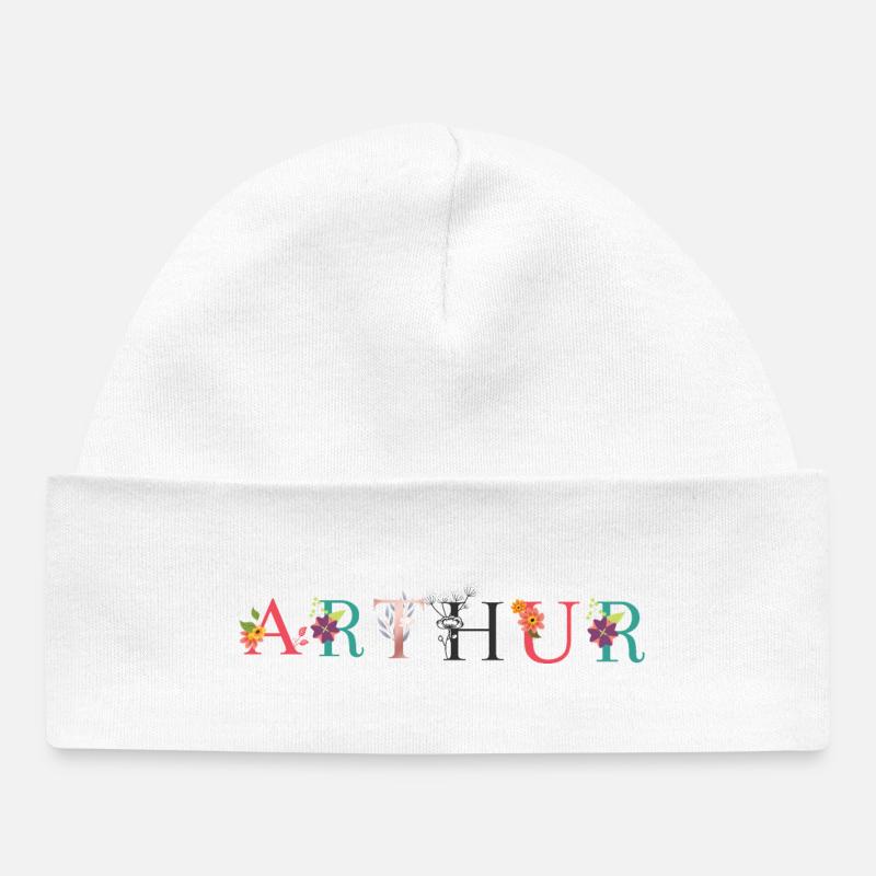 Art du nom ARTHUR avec fleurs brodées - Bonnet bébé bio - blanc
