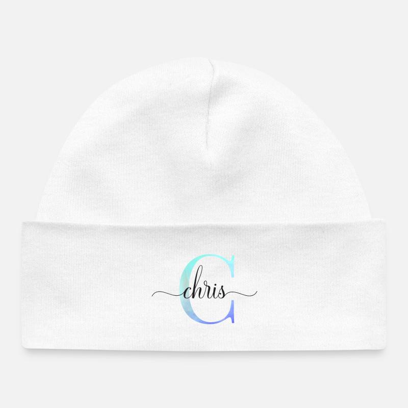 C| Monogramme | Nom | Chris | Aquarelle - Bonnet bébé bio - blanc