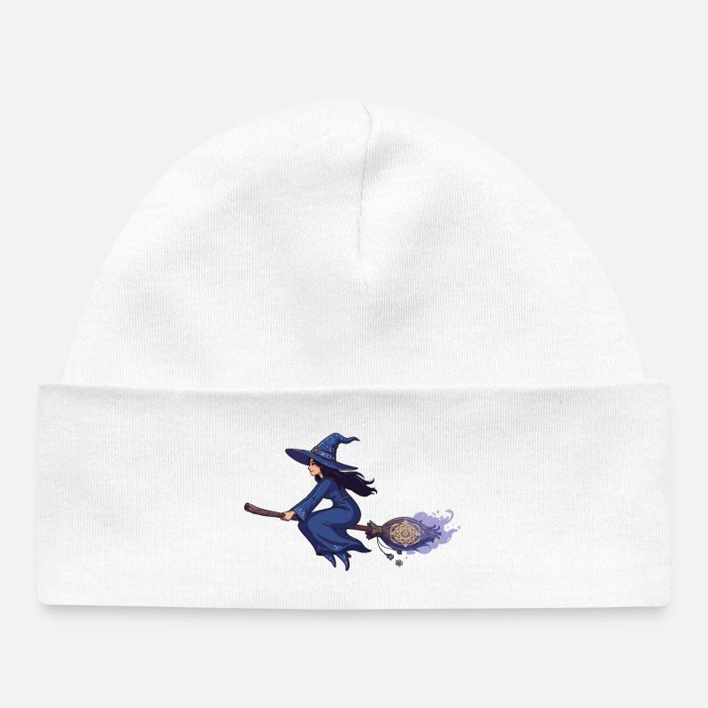 Sorcière sur balai en bleu magique - Bonnet bébé bio - blanc