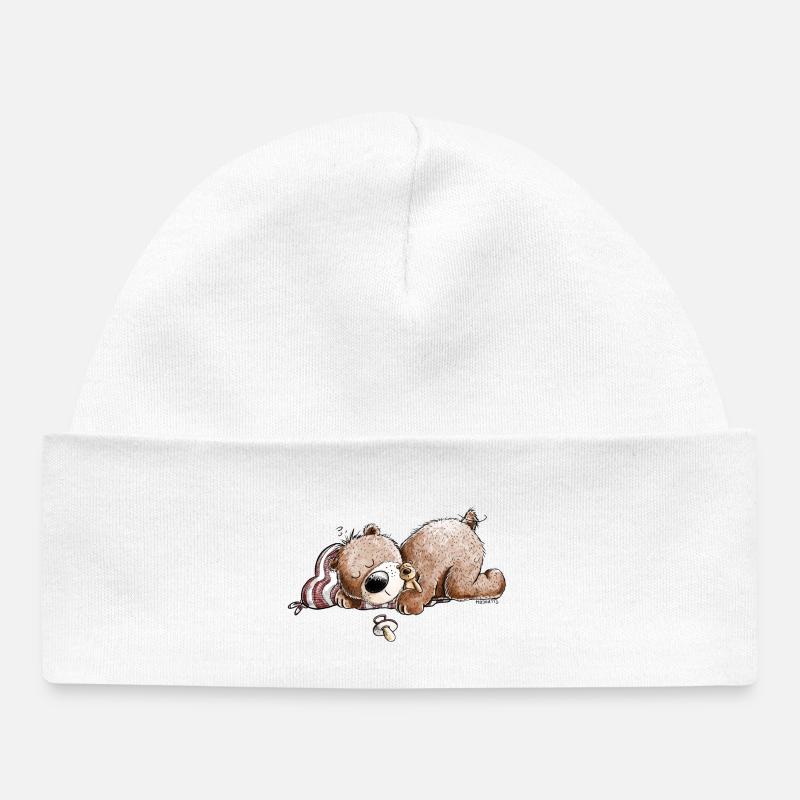 Droll Brown Bear dort et rêve - Bonnet bébé bio - blanc