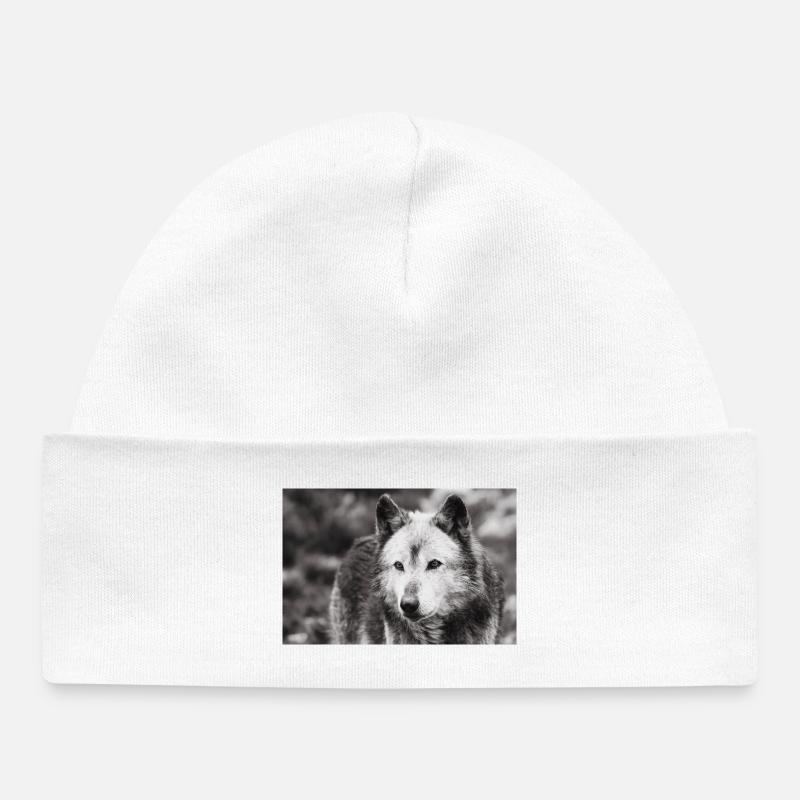 Loup solitaire noir et blanc - Bonnet bébé bio - blanc