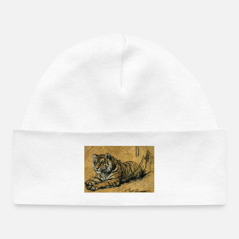 Croquis du tigre sur couleur sable - Bonnet bébé bio - blanc