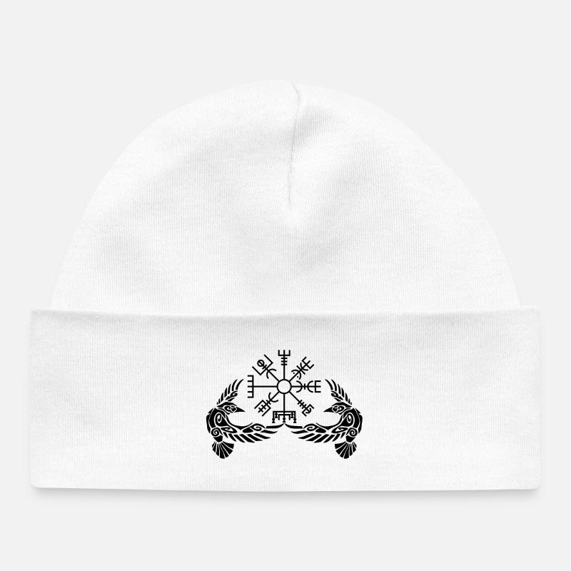 Corbeaux noirs et boussole viking - Bonnet bébé bio - blanc