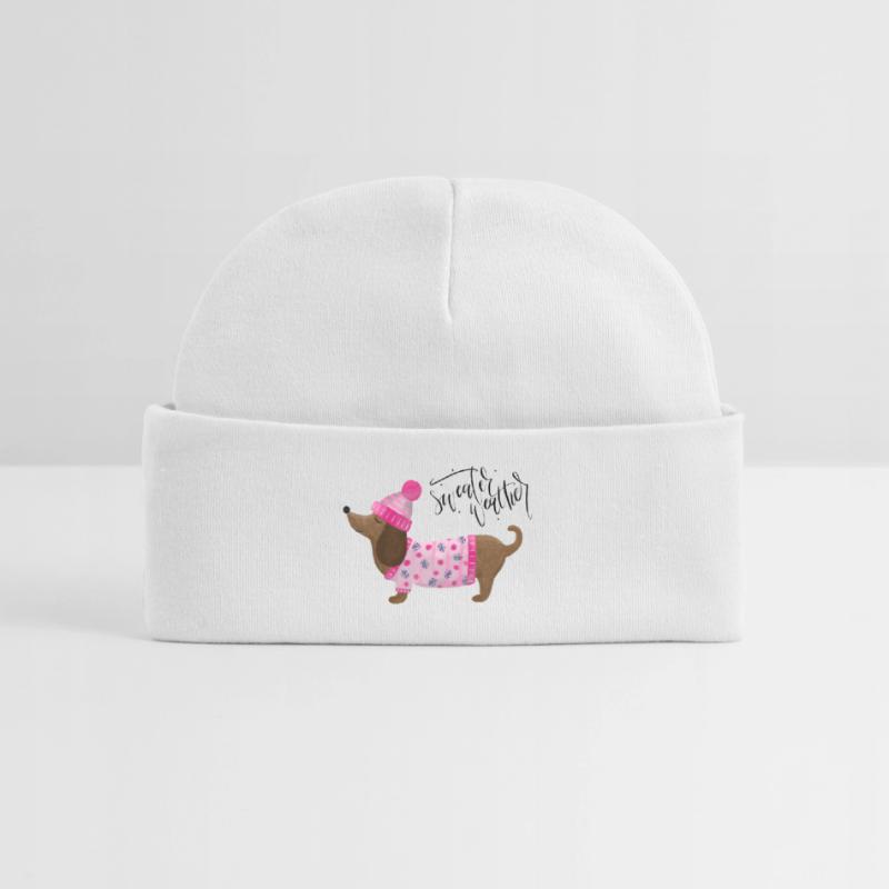 Teckel avec pull et chapeau Pull Météo rose Bonnet bébé bio