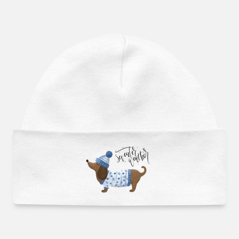 Teckel avec pull et chapeau Pull Météo bleu - Bonnet bébé bio - blanc