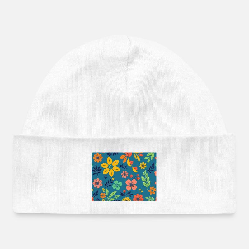 Retro style floral pattern on dark blue - Baby Organic Beanie - white