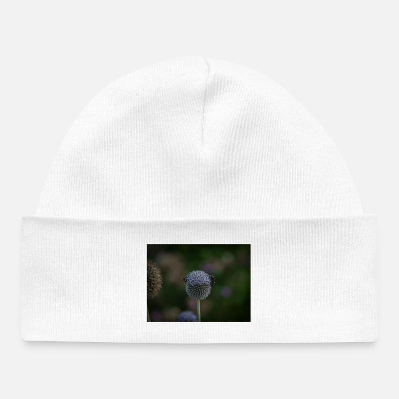 Abeilles sur chardon globe violet - Bonnet bébé bio - blanc
