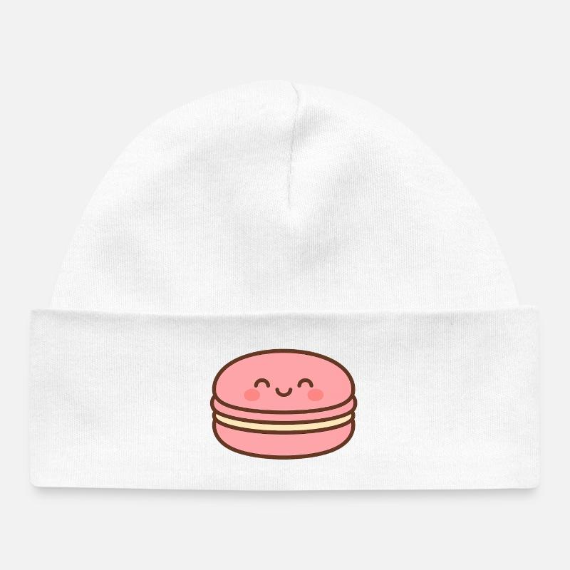 Macaron kawaii rose sourire - Bonnet bébé bio - blanc