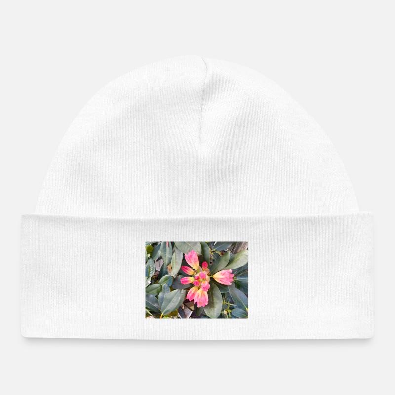 Fleurs roses orangées sur feuillage vert - Bonnet bébé bio - blanc