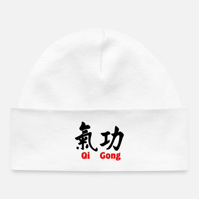 QI gong avec texte horizontal avec texte rouge - Bonnet bébé bio - blanc