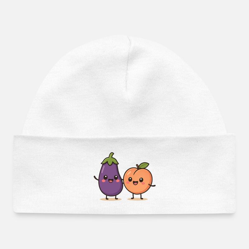 Illustration mignonne d’aubergine et de pêche - Bonnet bébé bio - blanc