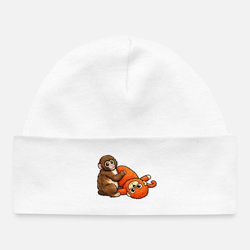 Singe câlin et Singe Orange Peluche Bébé Punch - Bonnet bébé bio - blanc