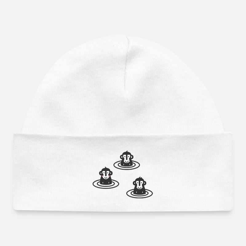 Trois singes des neiges japonais en onsen, noir - Bonnet bébé bio - blanc