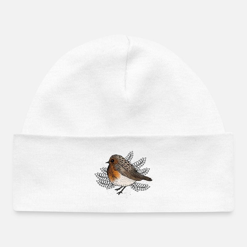 Rouges-gorges sur des branches - Bonnet bébé bio - blanc