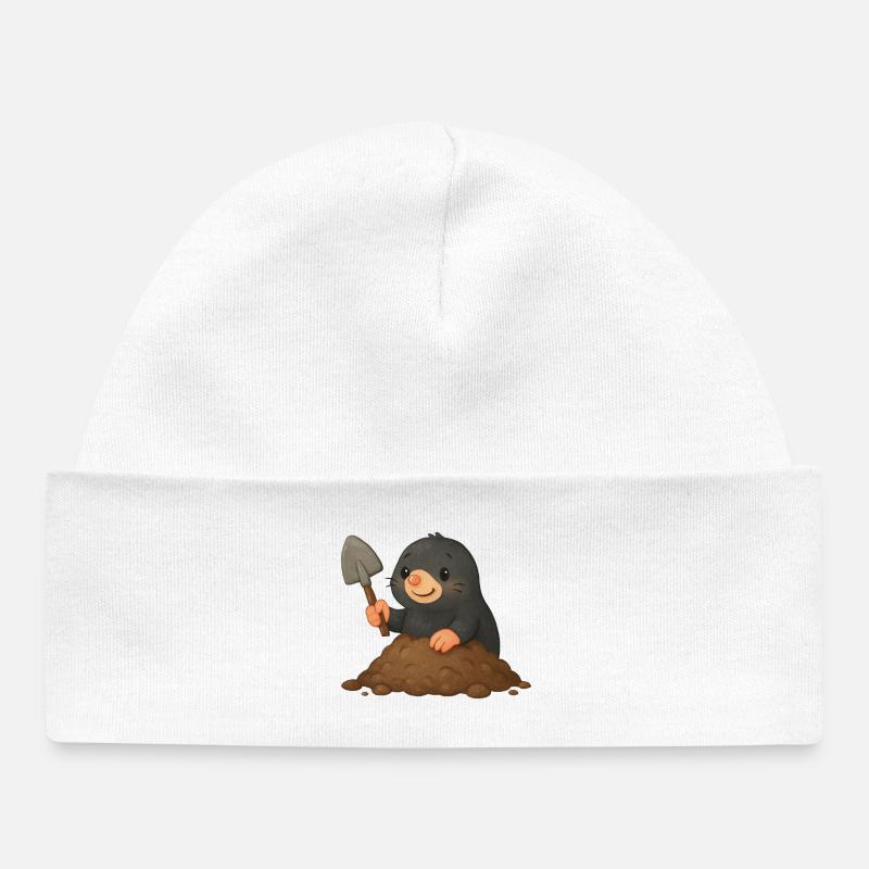 Taupe mignonne avec pelle - Bonnet bébé bio - blanc