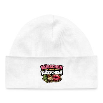Kisses on the nut – Cheeky kiss saying - Baby Organic Beanie - white - Front