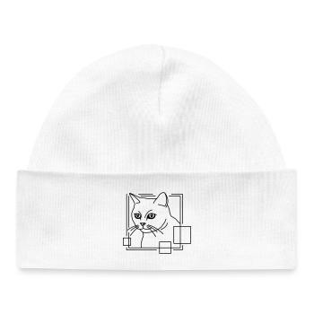 Chat en forme géométrique - Conception d’art au trait - Bonnet bébé bio - blanc - Devant