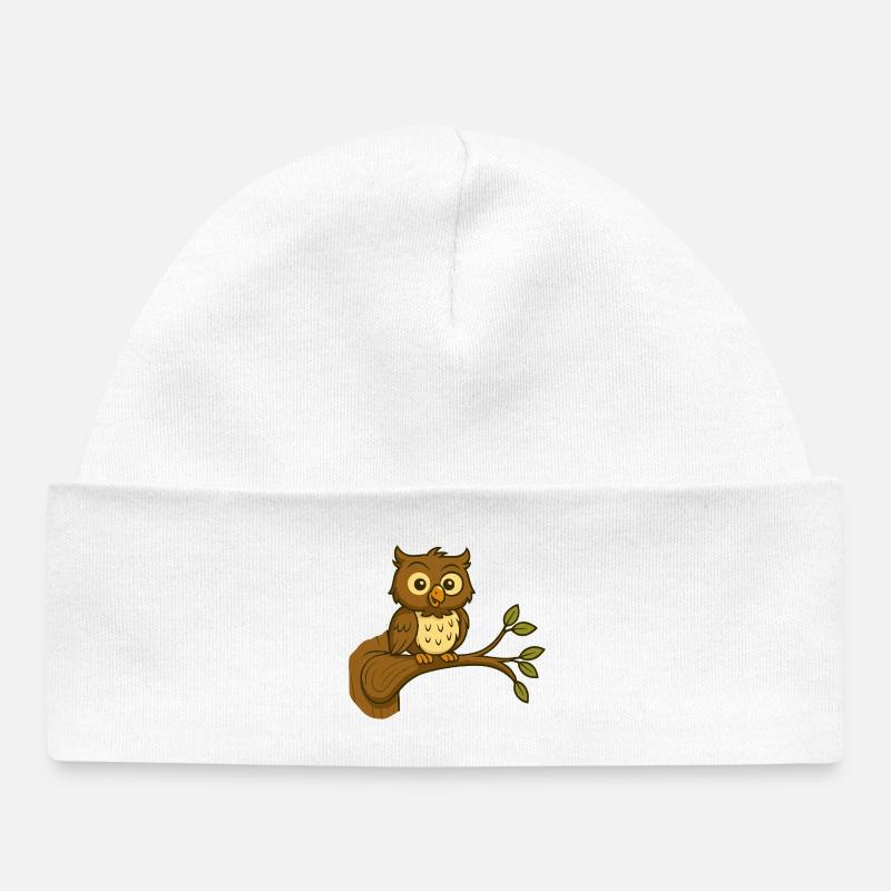 Mignon hibou de la forêt sur branche - Bonnet bébé bio - blanc