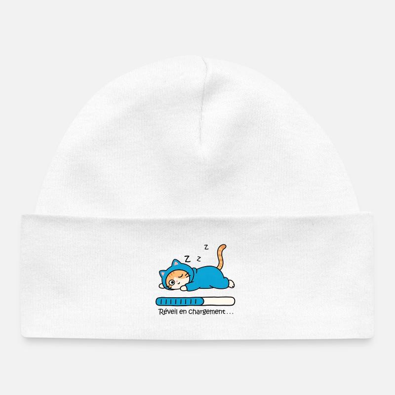 Chat réveil en chargement... - Bonnet bébé bio - blanc