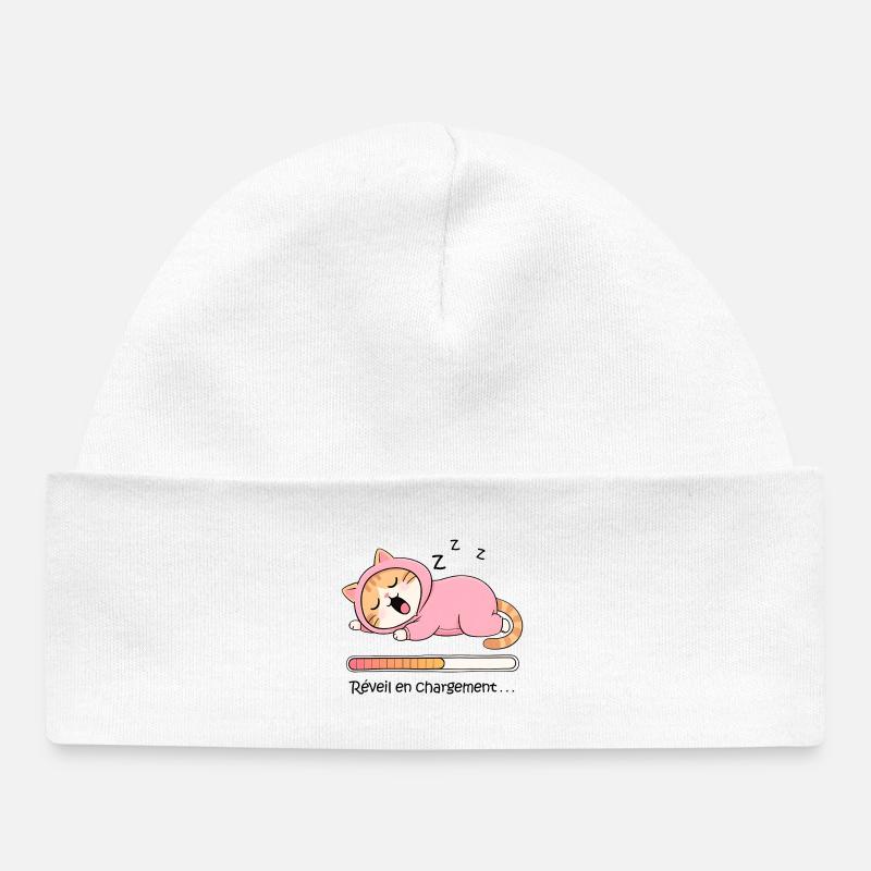 Chat réveil en chargement - Bonnet bébé bio - blanc