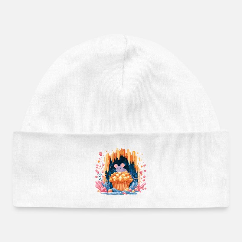 Souris câline dans le cratère du popcorn - Bonnet bébé bio - blanc
