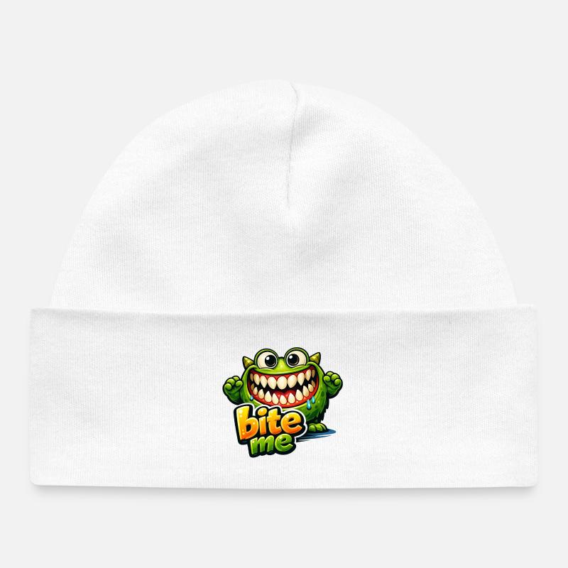 Dessin animé Monstre Drôle Vert BiteMe - Bonnet bébé bio - blanc